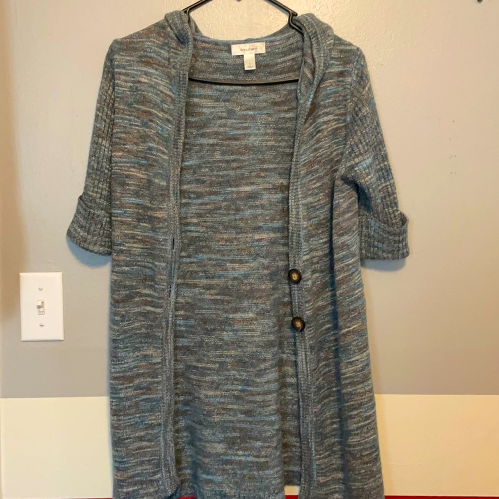 Blue, tan, white hooded sweater